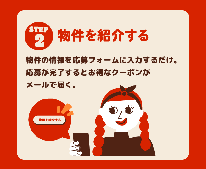 STEP2 物件を紹介する 物件の情報を応募フォームに入力するだけ。応募が完了するとお得なクーポンがメールで届く。