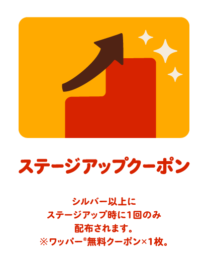 ステージアップクーポン シルバー以上にステージアップ時に1回のみ配布されます。※ワッパー®無料クーポン×1枚。