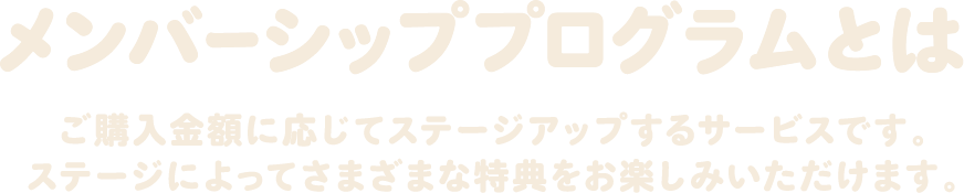 メンバーシッププログラムとは ご購入金額に応じてステージアップするサービスです。ステージによってさまざまな特典をお楽しみいただけます。