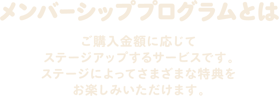 メンバーシッププログラムとは ご購入金額に応じてステージアップするサービスです。ステージによってさまざまな特典をお楽しみいただけます。